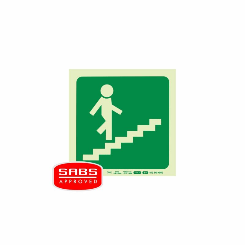 Photoluminescent 190MM Safety Sign – E8-Running Man On Stairs Going Up AND Right