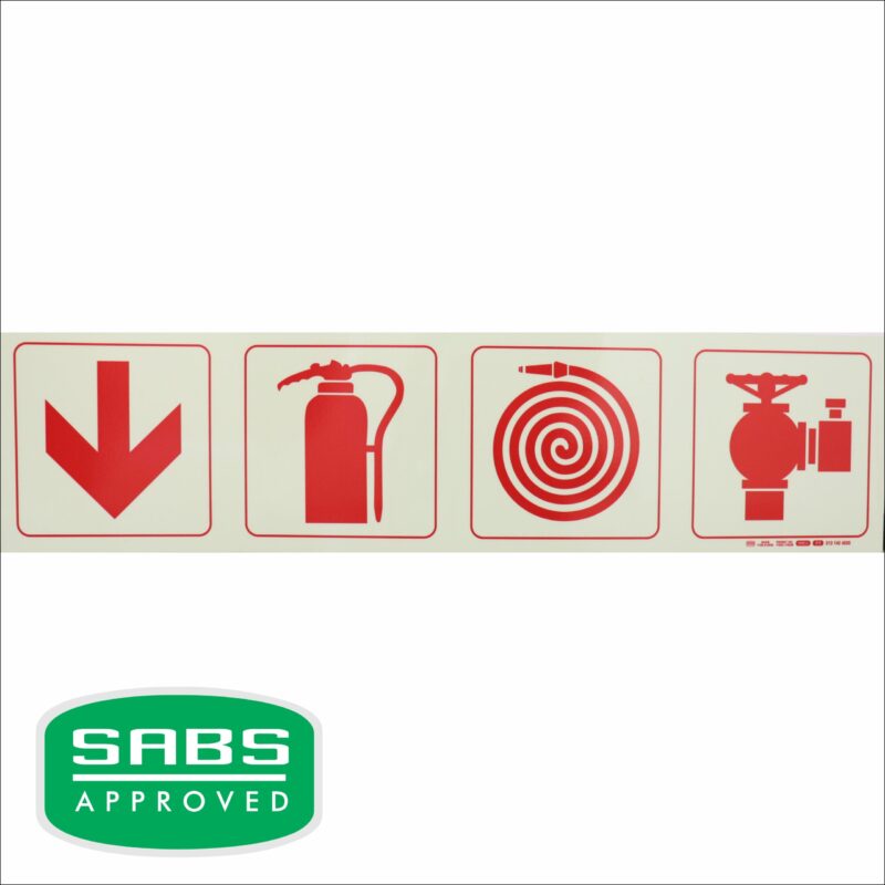 Photoluminescent 190mm Safety Sign – F1 – Arrow Down + Fire Extinguisher + Fire Hose Reel + Fire Hyd