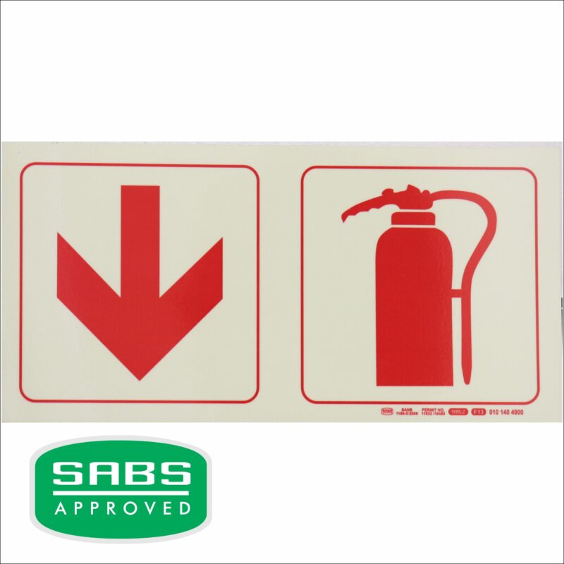 Photoluminescent – 190m Safety Sign F13 Arrow Down Fire Extinguisher