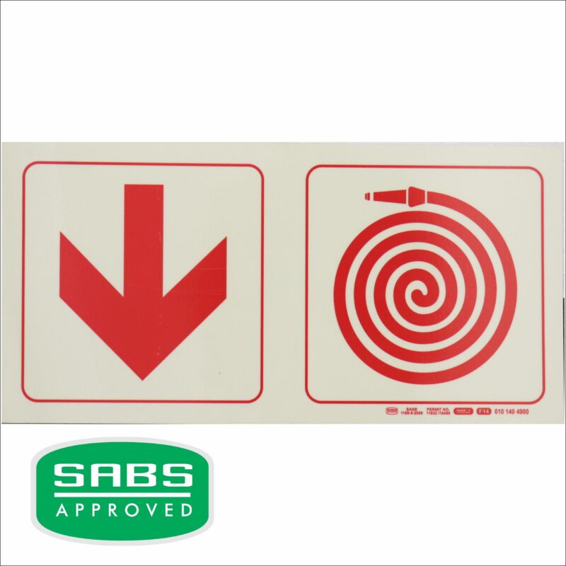 Photoluminescent 190mm Safety Sign F14 Arrow Down Fire Hose Reel