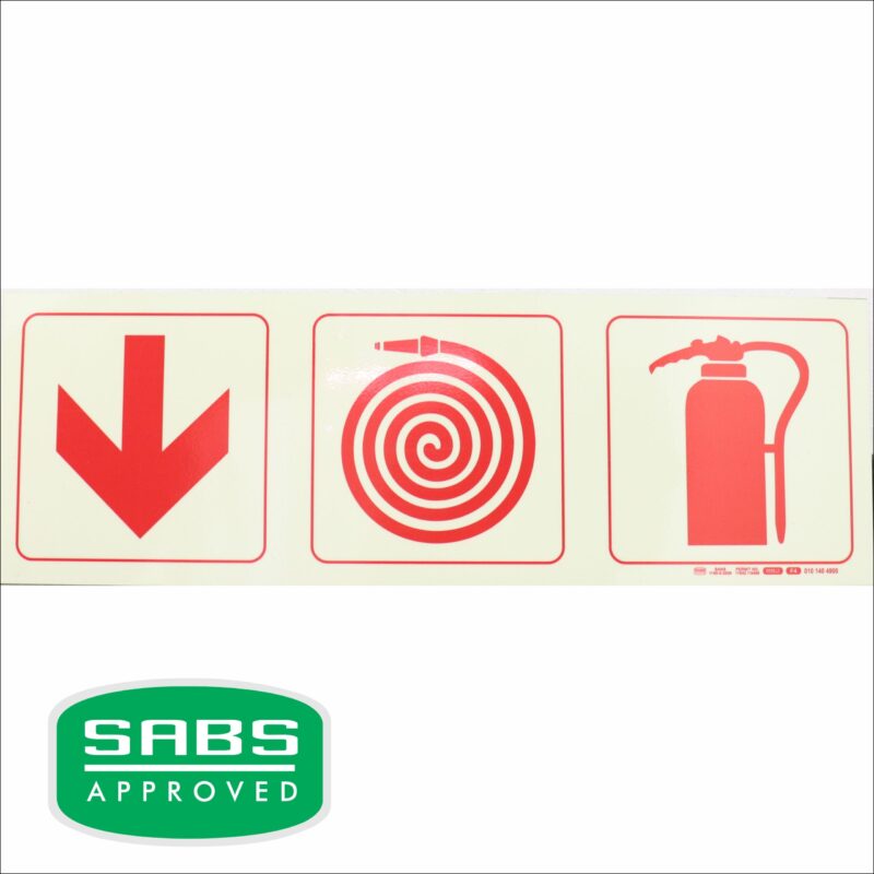 Photoluminescent 190mm Safety Sign F4 Arrow Down Fire Hose Reel Fire Extinguisher