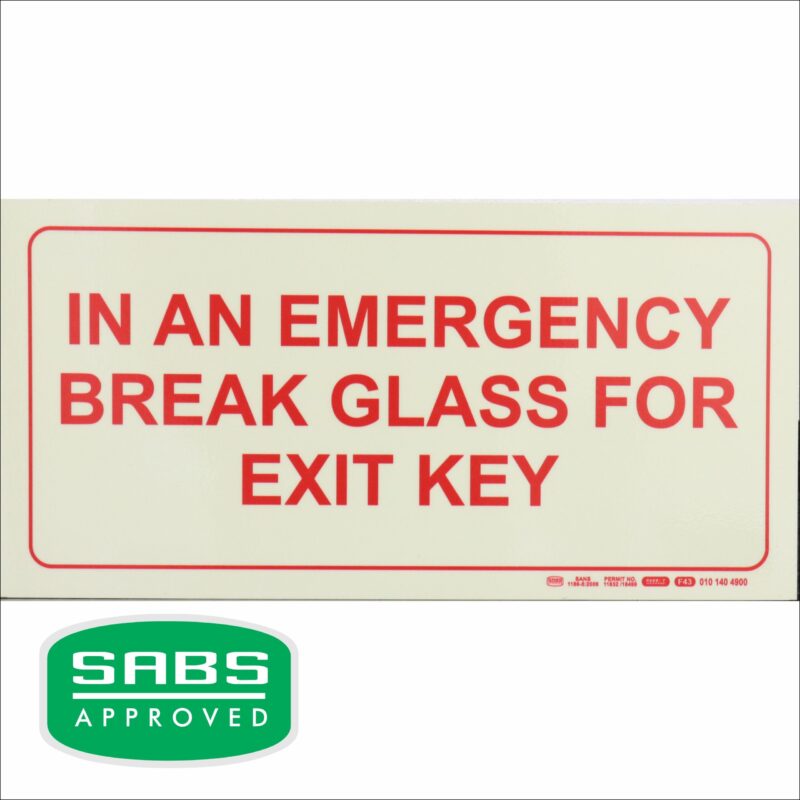 Photoluminescent 190mm Safety Sign F43 In An Emergency Break Glass For Exit Key