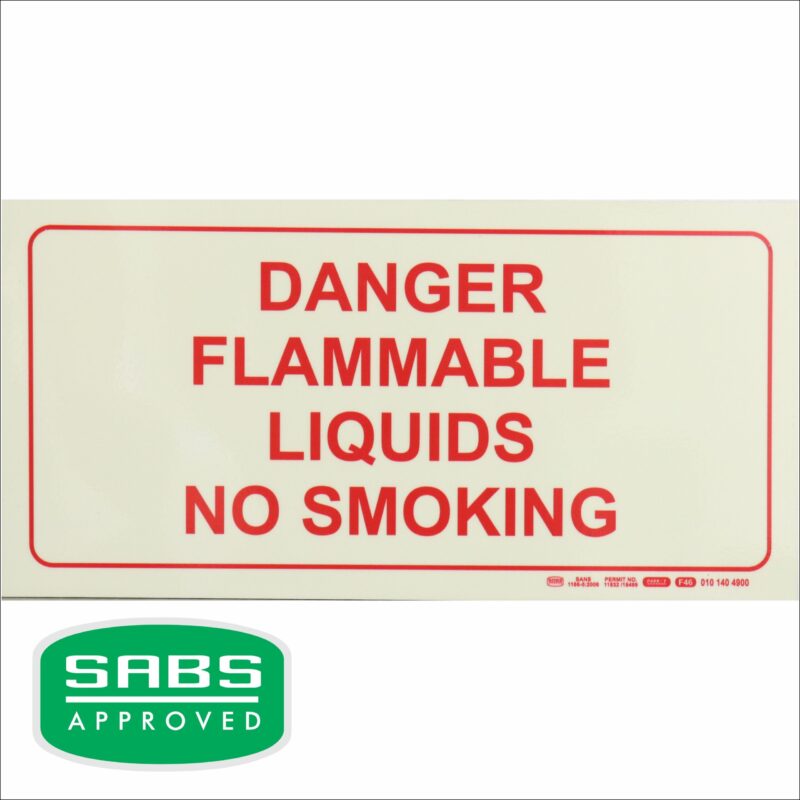 Photoluminescent 190mm Safety Sign – F46 Danger Flammable Liquids No Smoking