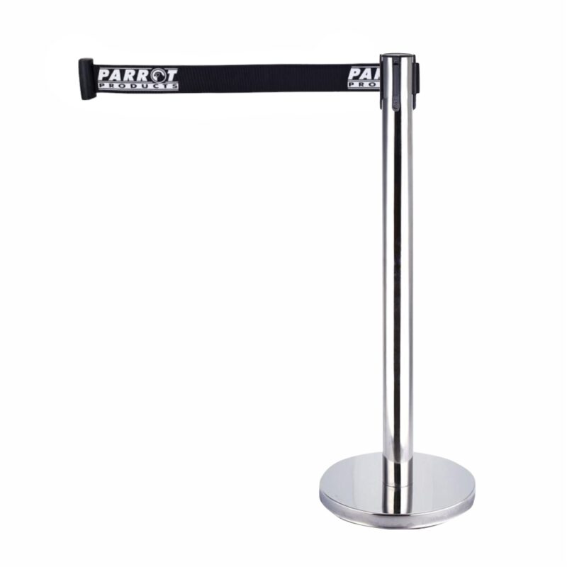 Retractable Queue Barrier Chrome With Black Belt 910x320mm With Print