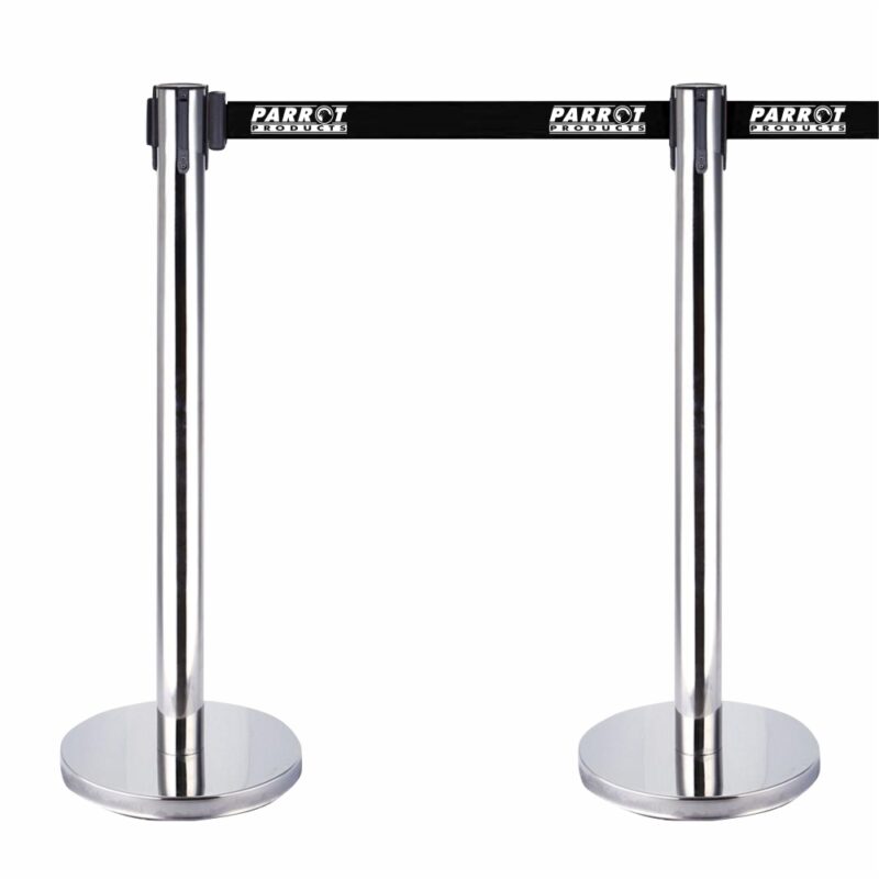 Retractable Queue Barrier Chrome With Black Belt 910x320mm With Print – Box Of 2