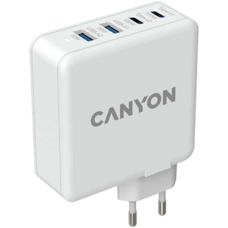 CANYON H-100, GAN 100W charger Input:100V-240V Output: USB-C1/C2: 5V 3A, 9V 3A, 12V 3A, 15V 3A, 20V 5A USB-A 1/A2, 4.5V/5A, 5V/4.5A, 9V/3A, 12V/2.5A, 20V/1.5A C1+C2, 65W + 30W, C1+A1, 65W + 30W, C1+A2, 65W + 30W, C1+A1+A2, 65W